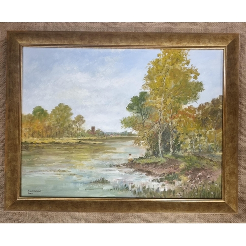 523 - An Oil On Canvas of a man fishing in a river with a church in the distance, signed K Laurence lower ... 