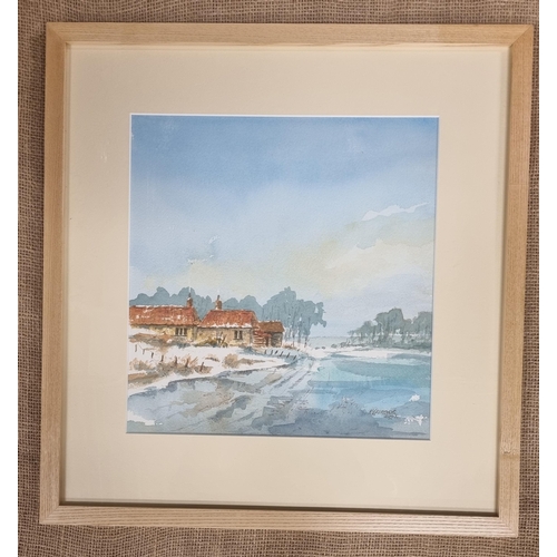 524 - A winter scene Watercolour landscape of houses signed K Laurence lower right. 34 x 33 cm approx.