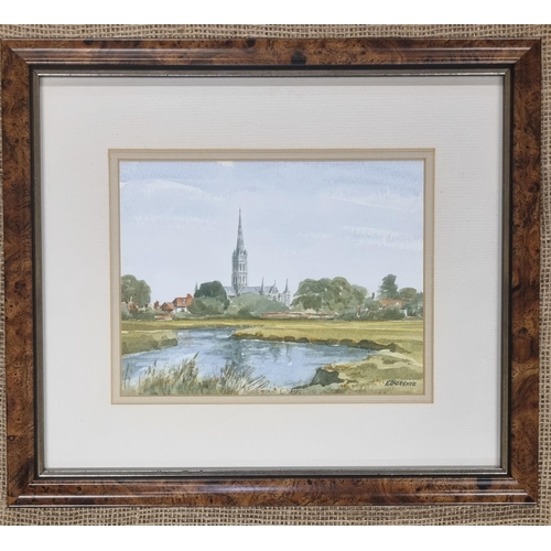 707 - K Laurence, a 20th Century Watercolour of a river scene with church in the distance possibly Salisbu... 