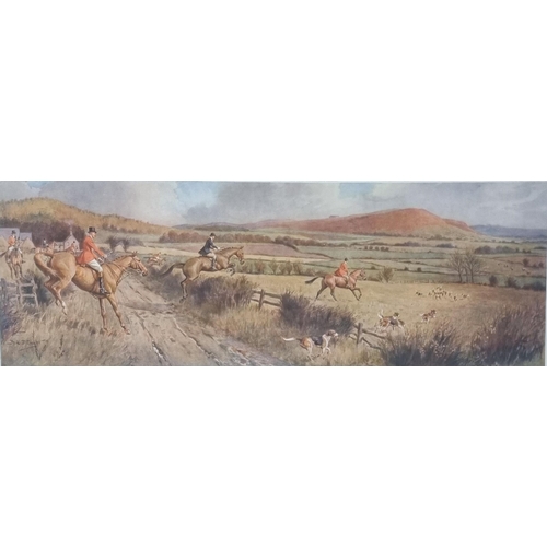 854 - A 20th Century colour Print after F Stewart of a hunting scene with hounds in full flight. Signed in... 