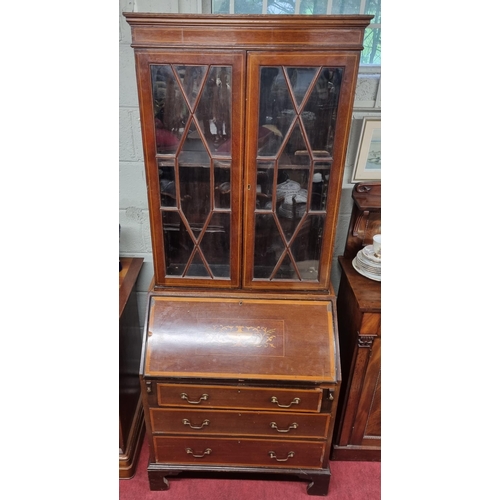 905 - An Edwardian Mahogany and Inlaid Bureau Bookcase with urn inlaid flap. (possibly marriage).
W 79 x H... 