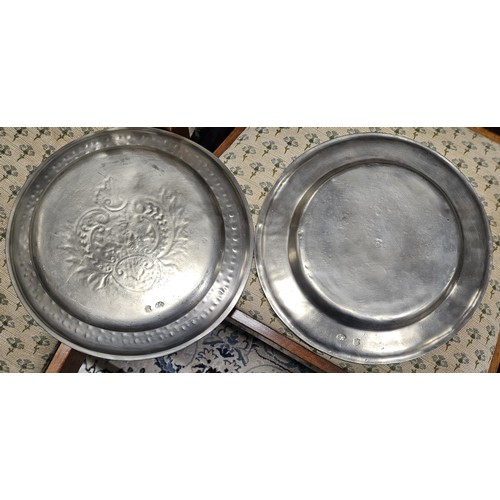 586 - Four early Pewter Plates. D 29 cm approx.