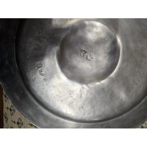 586 - Four early Pewter Plates. D 29 cm approx.