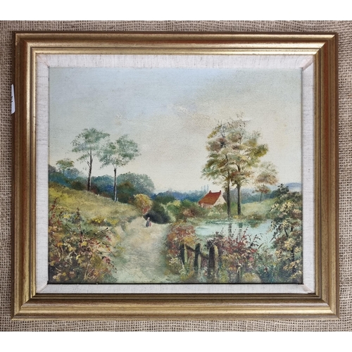 74 - Mavis Clarke, a 19th Century Oil On Canvas of a Woman on a pathway, inscribed verso. 30 x 35 cm appr... 