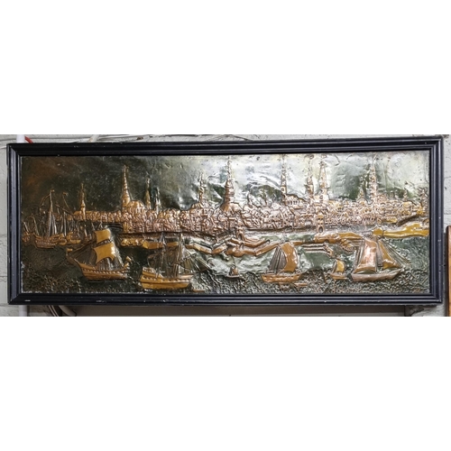 76 - A 19th / early 20th Century Copper embossed Panel of ships in full sail beside a city. 38 x 98 cm ap... 