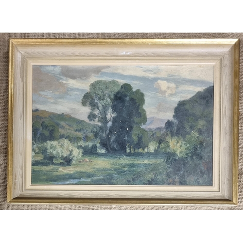 81 - An early 20th Century Oil on Board of a landscape scene with cattle. No apparent signature. 30 x 44 ... 