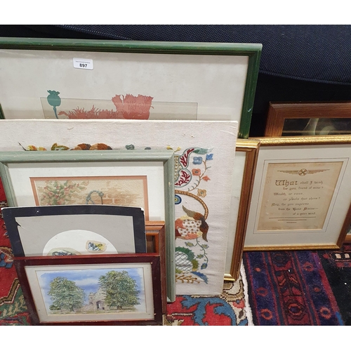 897 - A large quantity of Pictures and Prints to include needlework examples.