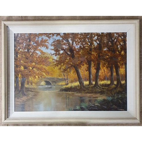 936 - Gerald Marjoram. An Oil on Board of a river scene with a bridge in the distance. Signed Marjoram LR.... 