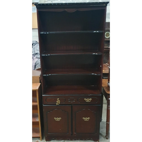 1015 - A modern Mahogany Book Shelf along with a Cased Scales, Oil on canvas and a large print.