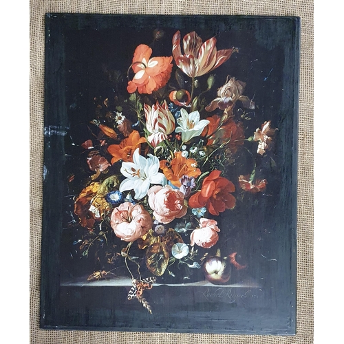 51 - A Still life coloured Print in the classical form of flowers on a table setting (unframed). 51 x 41 ... 