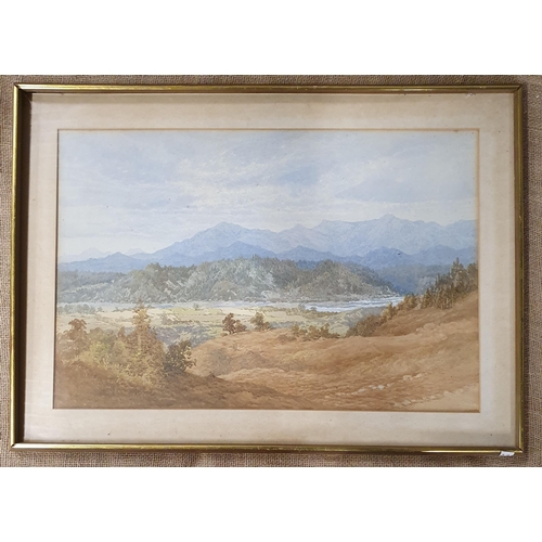 77 - A large early 20th Century Watercolour Landscape with mountains in the distance and river flowing th... 
