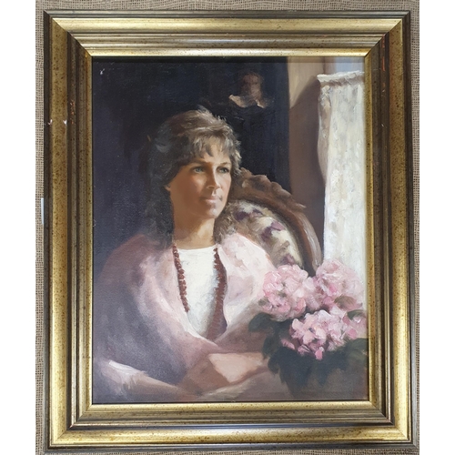 88 - A 20th Century Oil on Canvas of a Portrait of a Woman sitting in a chair with flowers. No apparent s... 