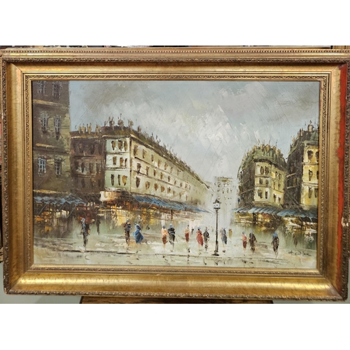 264 - A large and well frames Oil on Canvas of a Parisian street scene by H Dick, signed LR. 50 x 75 cm ap... 