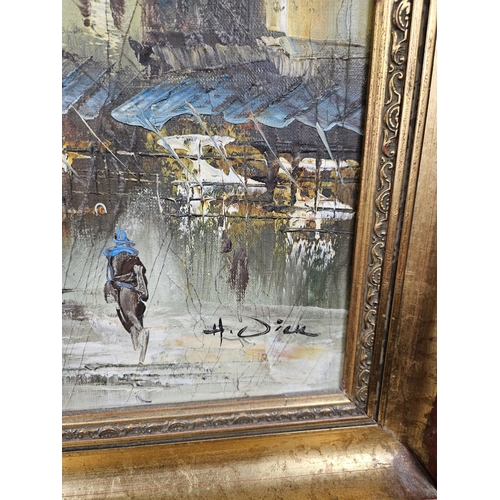 264 - A large and well frames Oil on Canvas of a Parisian street scene by H Dick, signed LR. 50 x 75 cm ap... 