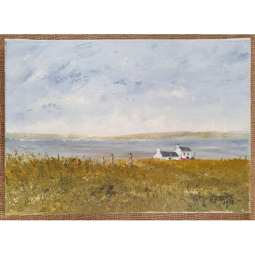 110 - K Laurence, Oil on Canvas of houses beside an estuary, signed LR and unframed. 30 x 43 cm approx.