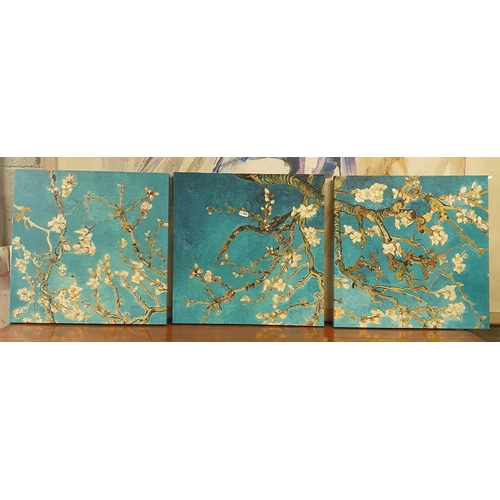 111 - A set of three coloured Oleographs of Cherry Blossom. 40 x 40 cm approx.