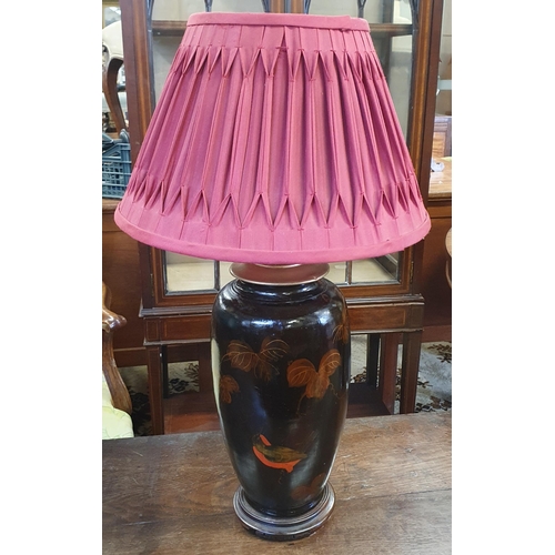 117 - A nice bulbous table Lamp depicting birds on a cherry blossom branch with a burgundy Shade. H 45 cm ... 