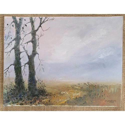 47 - K Laurance. An Oil on Canvas of a winter scene with trees to the fore, singed LR and unframed  30 x ... 