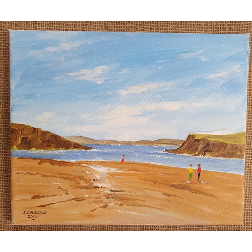 53 - K Laurence. Acrylic on Canvas of children on a beach, signed LL. 25 x 30 cm approx.