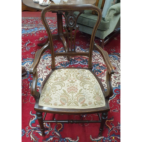 448 - An Edwardian Mahogany and Inlaid Salon Carver with tapestry style upholstery with turned supports an... 