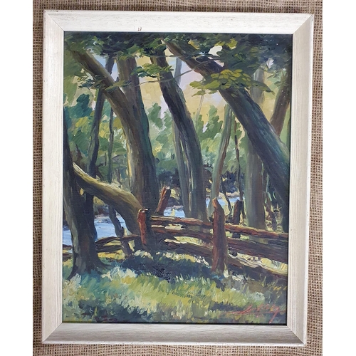 481 - An Oil on Board of a wooded landscape with fence to the fore signed Paul Carling LR. 38 x 28 cm appr... 