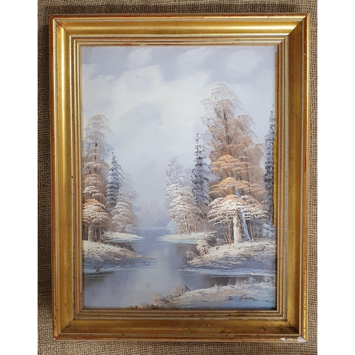 502 - A 20th Century Oil on Canvas of a snowy lake and forest scene. Indistinctly signed LR., possibly Swa... 