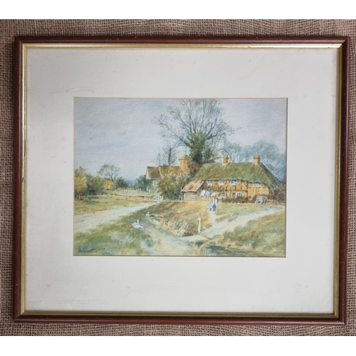 515 - An early 20th Century Watercolour of ducks in a pond beside a house and church. Signed Winston LL an... 