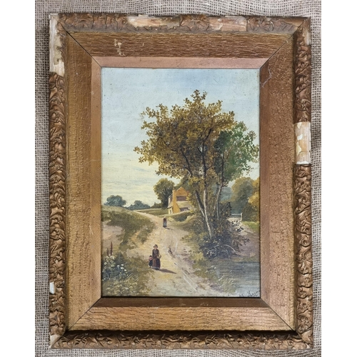 516 - A 19th Century Oil on Canvas of Women walking down a pathway. Signed M Haywood LR. 35 x 24 cm approx... 