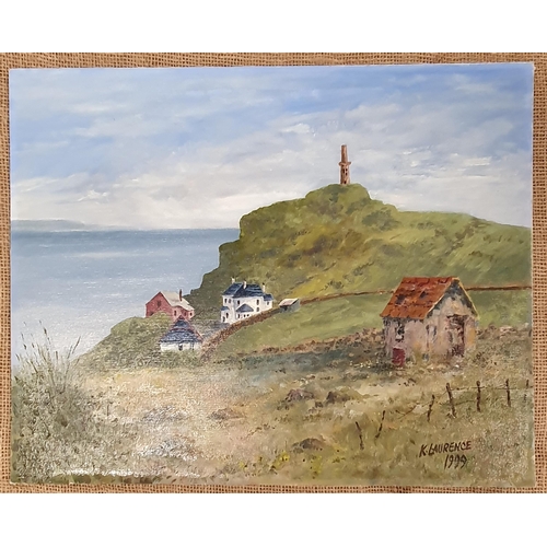 228 - K Laurence. An Oil on Canvas of houses on a hill top beside the sea, signed LR and unframed. 40 x 51... 