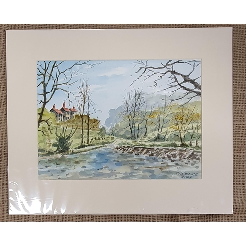 232 - K Laurence. A Watercolour of trees with houses in the distance and pond to the fore signed LR and un... 