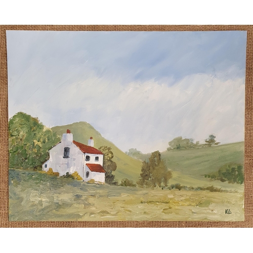 447 - Oil on Board of a farm house in a country setting, monogramed KL LR probably K Laurence. 41 x 51 cm ... 