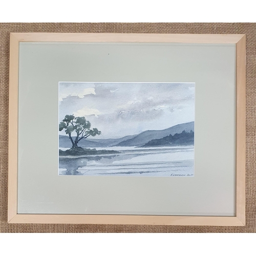 460 - K Laurence. An Oil on Board, Sunset lake scene along with another both signed and framed . 22 x 31 c... 