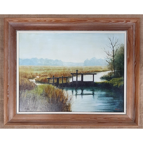 470 - A 20th Century Oil on Board of a canal lock gate, signed LR. 45 x 60 cm approx.