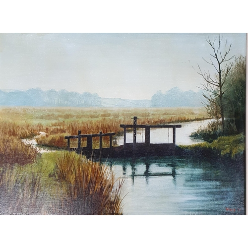 470 - A 20th Century Oil on Board of a canal lock gate, signed LR. 45 x 60 cm approx.