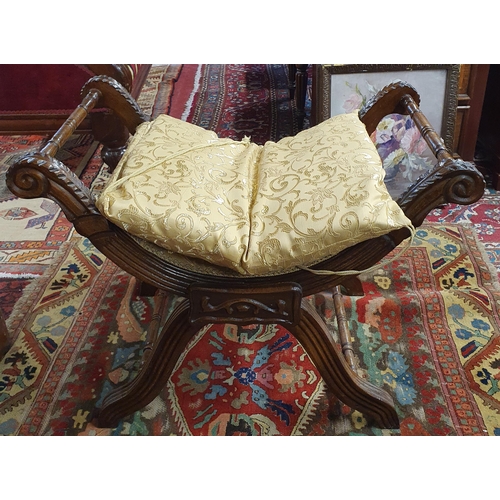 473 - A Mahogany X frame Stool with Cream and Gold damask seat. 74 x 45 x H 59 cm approx.