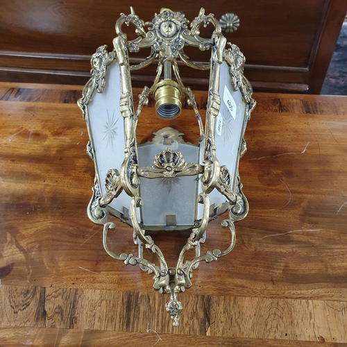 485 - A good early 20th Century Brass Hall lantern with cloudy etched glass. (missing one panel).