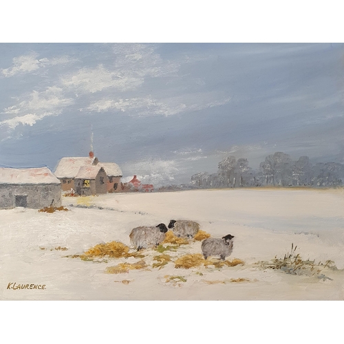 542 - K Laurence. A 20th Century Oil on Canvas of sheep in a snowy winter setting. Signed LL. 30 x 40 cm a... 