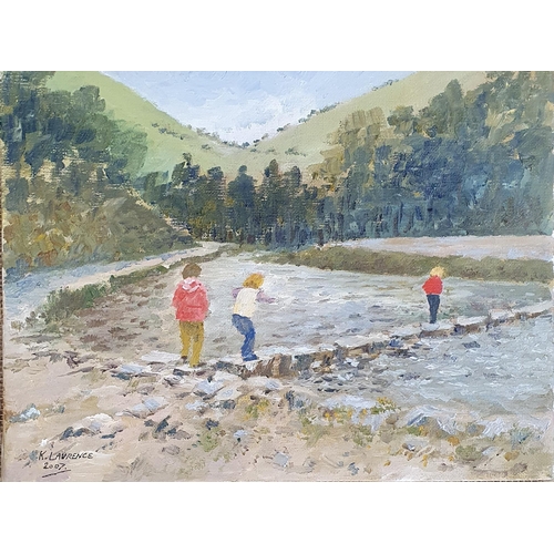 543 - K Laurence. An Oil on Canvas of children walking across a weir. Signed LL. 23 x 30 cm approx.