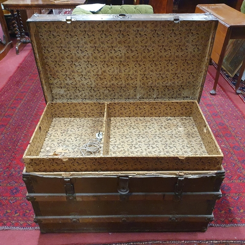 709 - A 19th Century trunk with timber and metal banding. W 91 x 53 x H 57 cm approx.