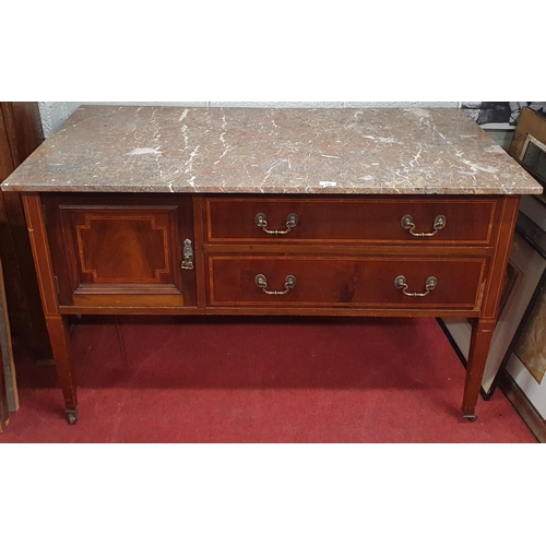 721 - An Edwardian Mahogany and Inlaid Side Cabinet with marble top (crack to the top) on square tapered s... 