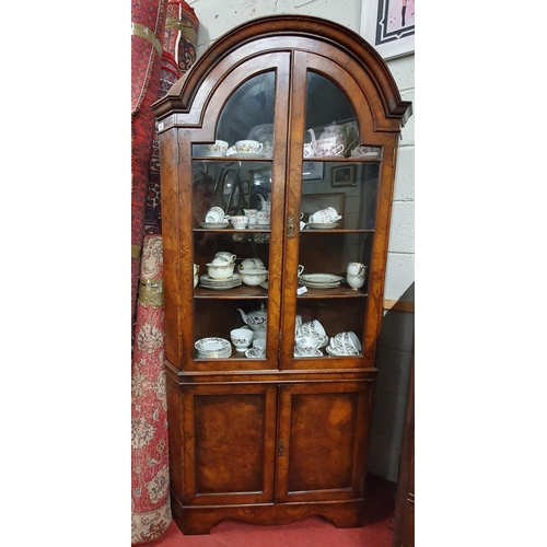 53 - A 20th Century Walnut and Burr Walnut Corner Cabinet with glazed upper and paneled base 191h x 90w x... 