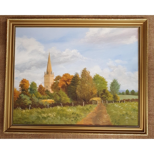 74 - A 20th Century Oil on Board of a path leading to a church. Signed P Kotka LR. 40 x 50 cm approx.