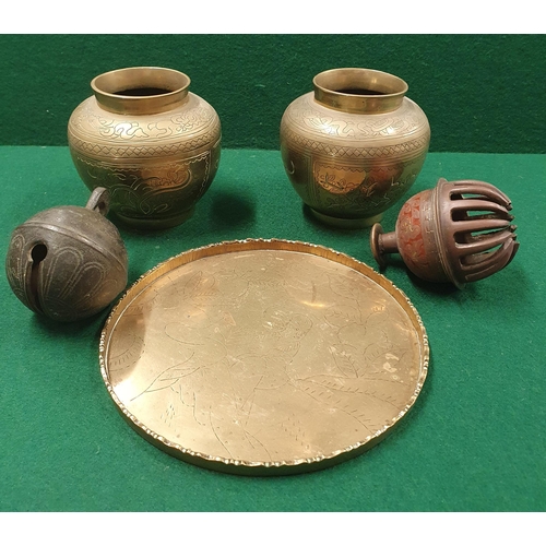 62 - A pair of Oriental Censors along with two Bells and a Tray (Tray D 17 cm approx).