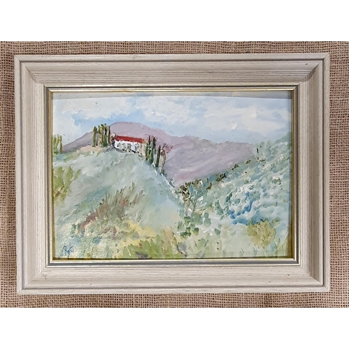 197 - K Laurence. A Watercolour of a ruin on a mountain top along with an Oil on Board or an Italian scene... 