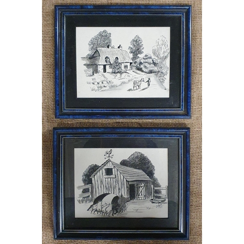 218 - Two black and white Etchings of farm animals to include pig and piglets. 24 x 29 cm approx.