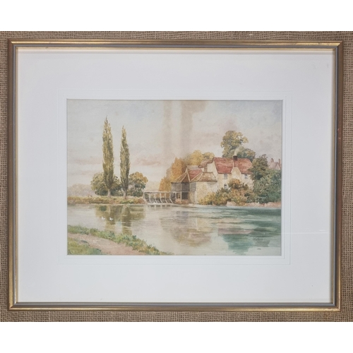 390B - A late 19th early 20th Century Watercolour of a mill with a lake to the fore. Monogrammed LR. 26 x 3... 