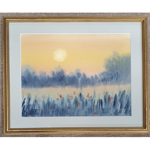 590 - K Laurence. A 20th Century Watercolour of Poppies in a field at dusk. Signed LR. 23 x 29 cm approx.