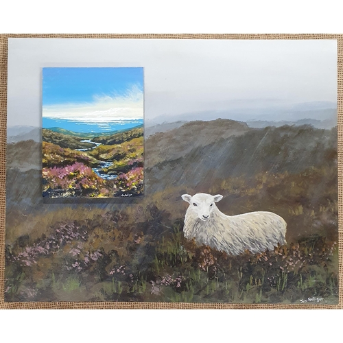 601A - An Oil on Board of a Sheep in heather with an unusual insert of an zoom in of coast line by Jim Hall... 