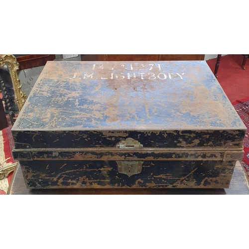 761 - A 19th Century timber Chest along with a metal example. Wooden H 35 x W 65 x D 43 And Metal H 23 x W... 