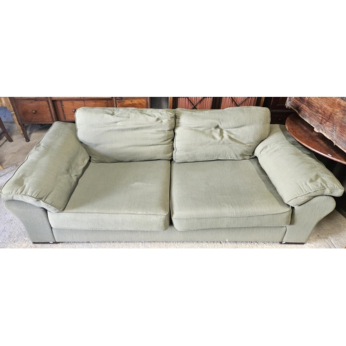 778 - A Fine line Furniture Couch with olive green upholstery. H 82 x W 255 x D 100 cm approx.